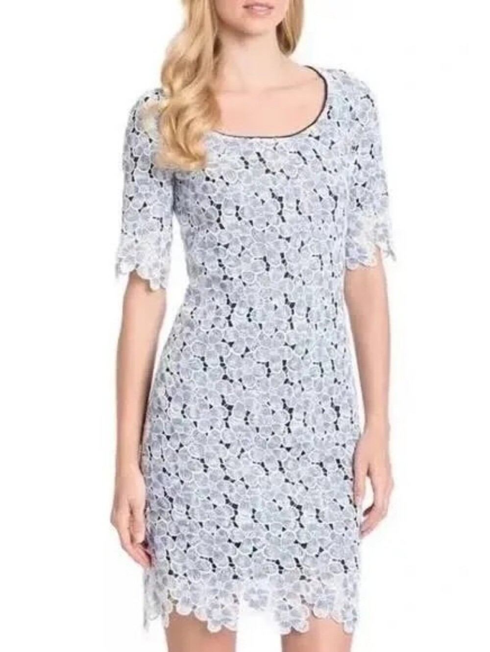 Badgley Mischka Blue and White Floral Lace Mini Dress 10